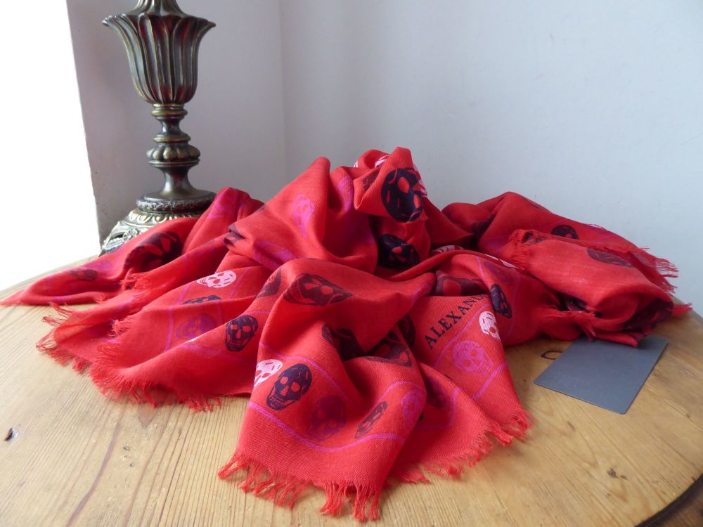 Alexander McQueen Multiskull Box Scarf in Ruby Red with Multicolour Skulls in Modal Wool Blend - SOLD