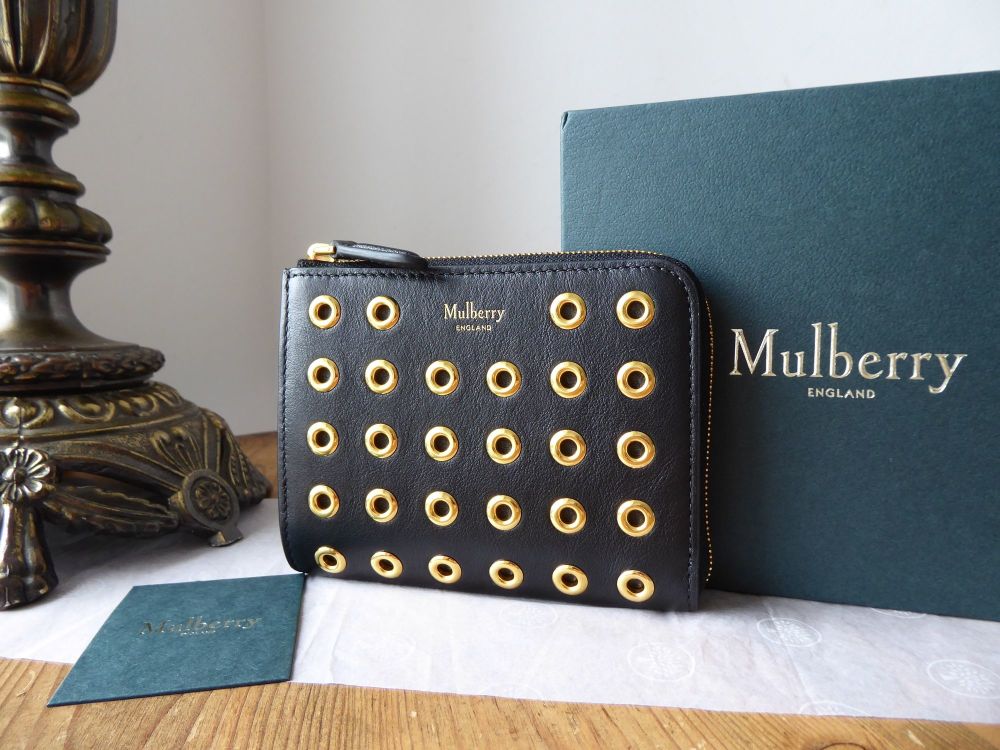 Mulberry Part Zip Coin Purse Pouch in Black Shiny Calf with Eyelets - SOLD