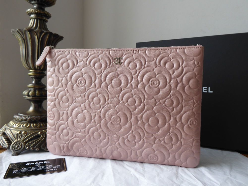 Chanel Large O Case Zip Pouch in Camellia Embossed Grainy Pink Calfskin - SOLD