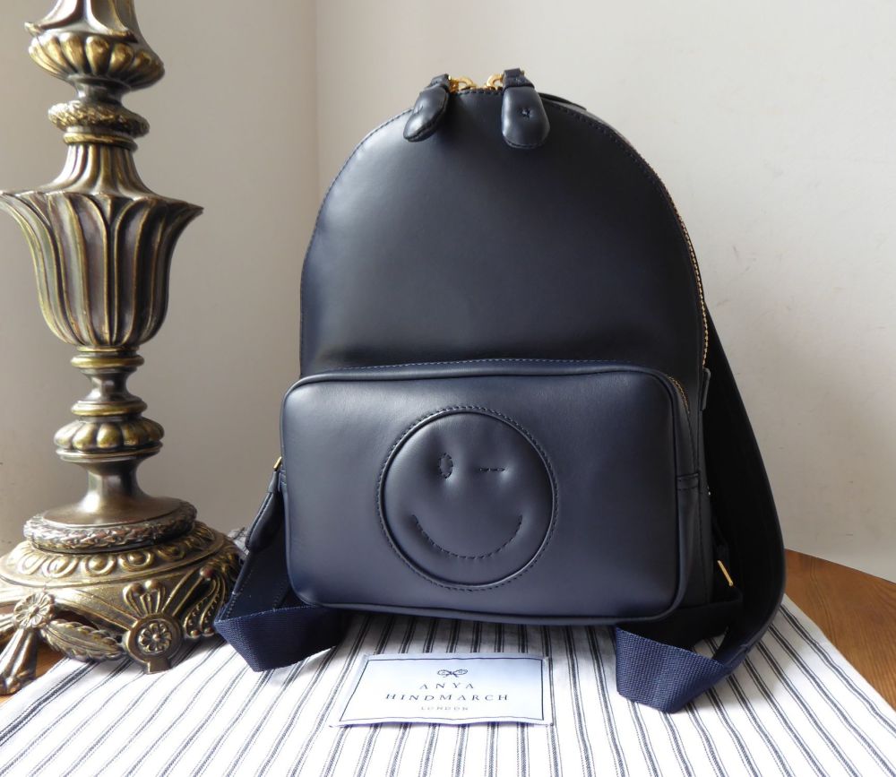 Anya Hindmarch Chubby Smiley Wink Backpack in Marine Blue Circus Leather -  SOLD