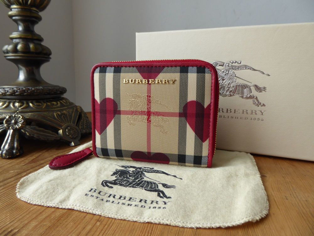 Burberry Heart Print Bodmin Zip Around Compact Wallet Card Coin Purse in Parade Red Horseferry Check - SOLD