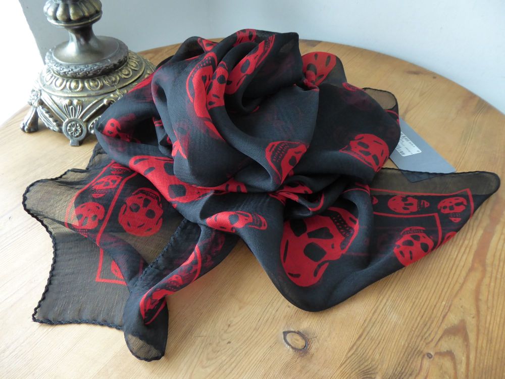 Alexander McQueen Skull Scarf in Black and Bright Red Silk Chiffon - SOLD