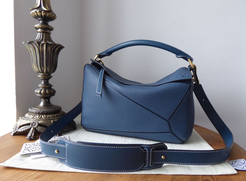 LOEWE Medium Puzzle Bag in Indigo Blue Calfskin with Gold Plated Hardware - SOLD