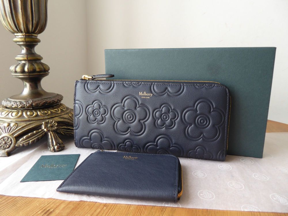 Mulberry High Frequency Flower Embossed Long Part Zip Around Continental Wallet and Coin Purse in Midnight Calfskin - SOLD