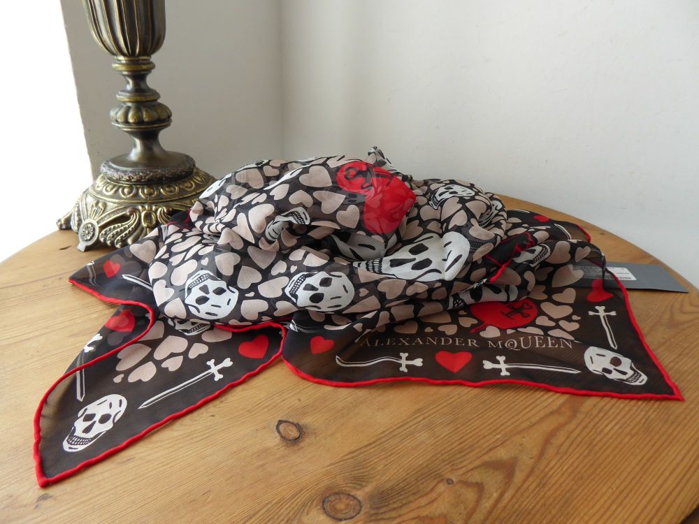 Alexander McQueen Dagger Hearts Skull Scarf in 100% Silk Chiffon - New 