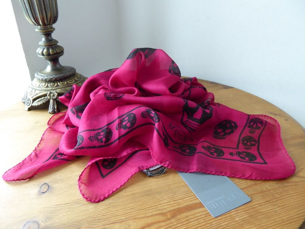 Alexander McQueen Skull Multiskull Scarf in Fuchsia with Black Skulls 100% Silk Chiffon - SOLD