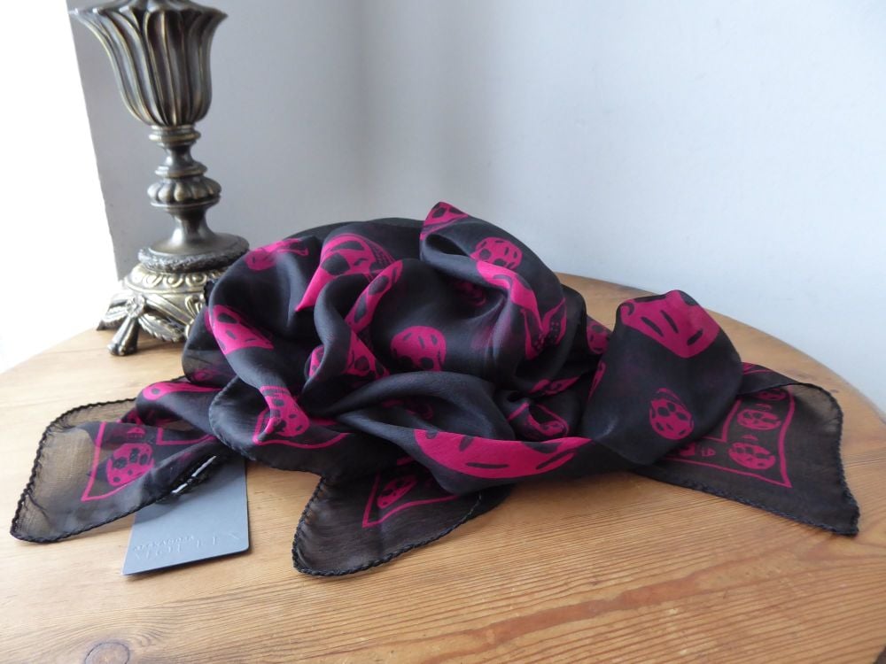 Alexander McQueen Skull Scarf in Black and Fuchsia Silk Chiffon - SOLD