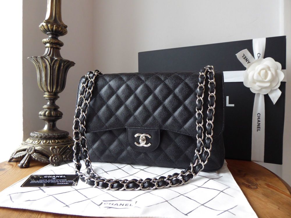 Chanel Timeless Classic 2.55 Double Jumbo Flap in Black Caviar with ...