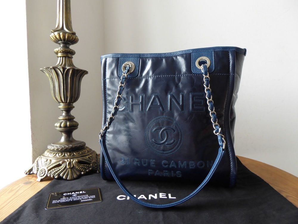 Chanel Deauville Tote in Dark Navy Shiny Calfskin with Silver Hardware -  SOLD