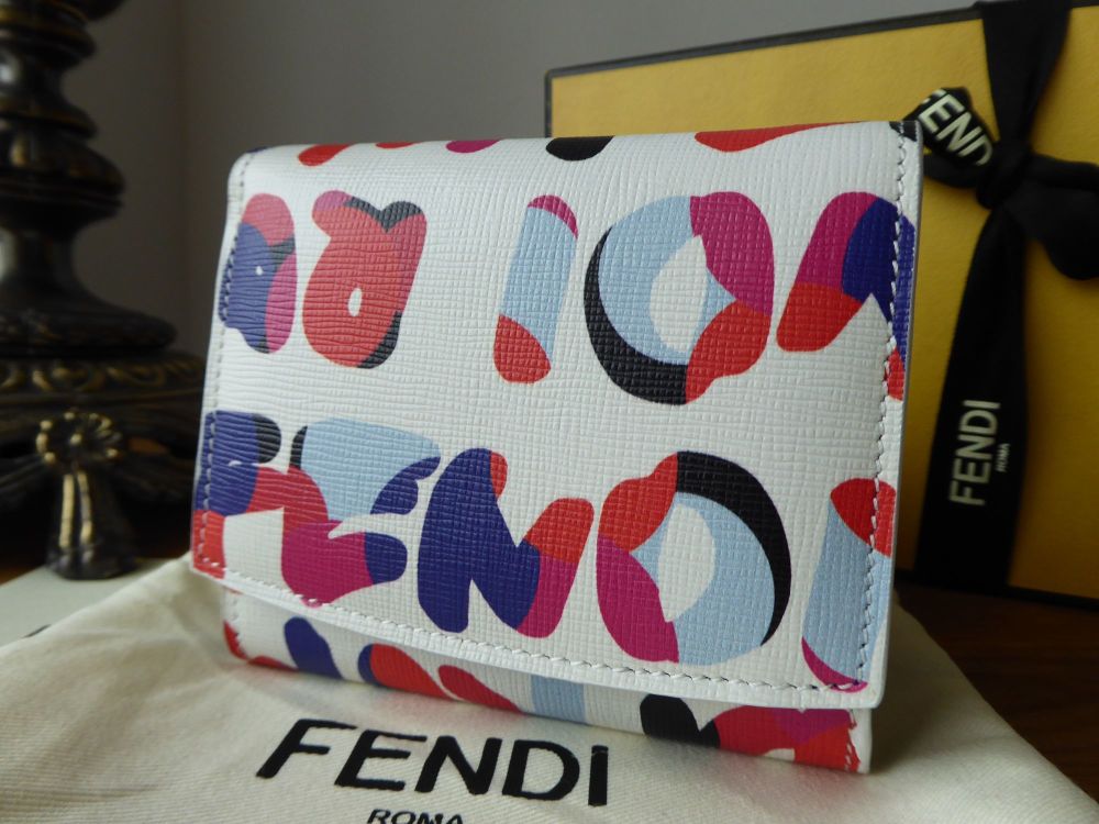 Fendi Multicolour Logo Small Wallet Purse in White Vitello Elite - New 