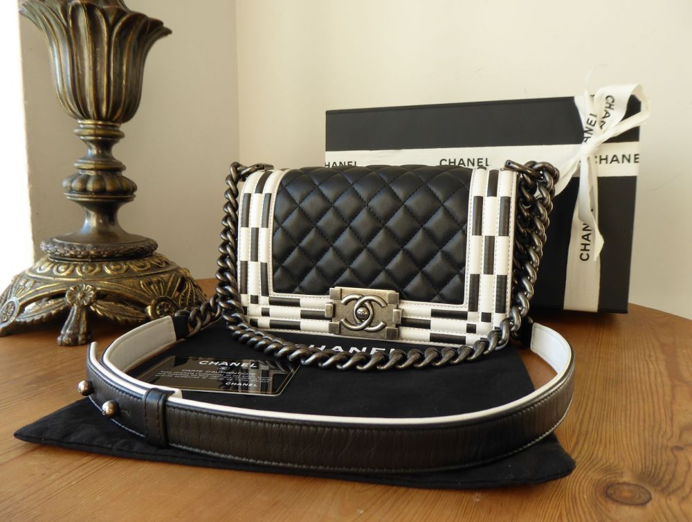 Chanel Checkerboard Small Boy Bag in Black & White Calfskin with Ruthenium Hardware - SOLD