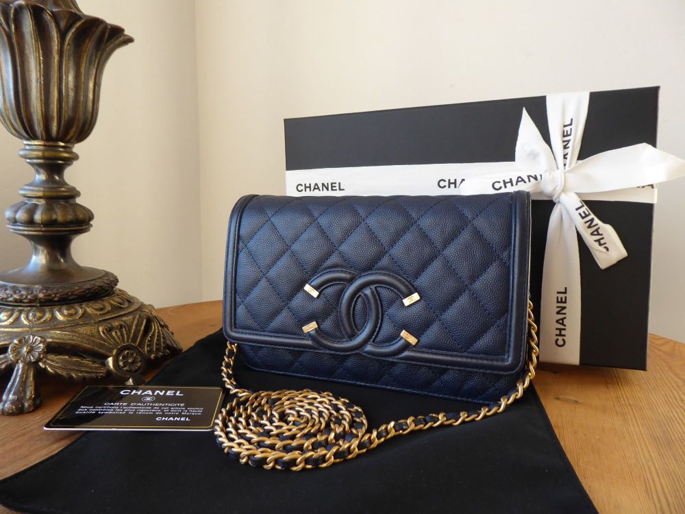 Chanel CC Filigree WOC Wallet on Chain in Navy Caviar with