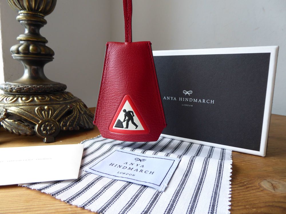 Anya Hindmarch Men at Work Cable Tidy Leather Luggage Tag Bag Charm in Red Capra Goastkin - SOLD