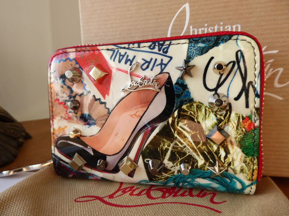 Christian Louboutin Multicolor Trash Print Patent Leather Panettone Spiked Zip Around Coin Purse - SOLD