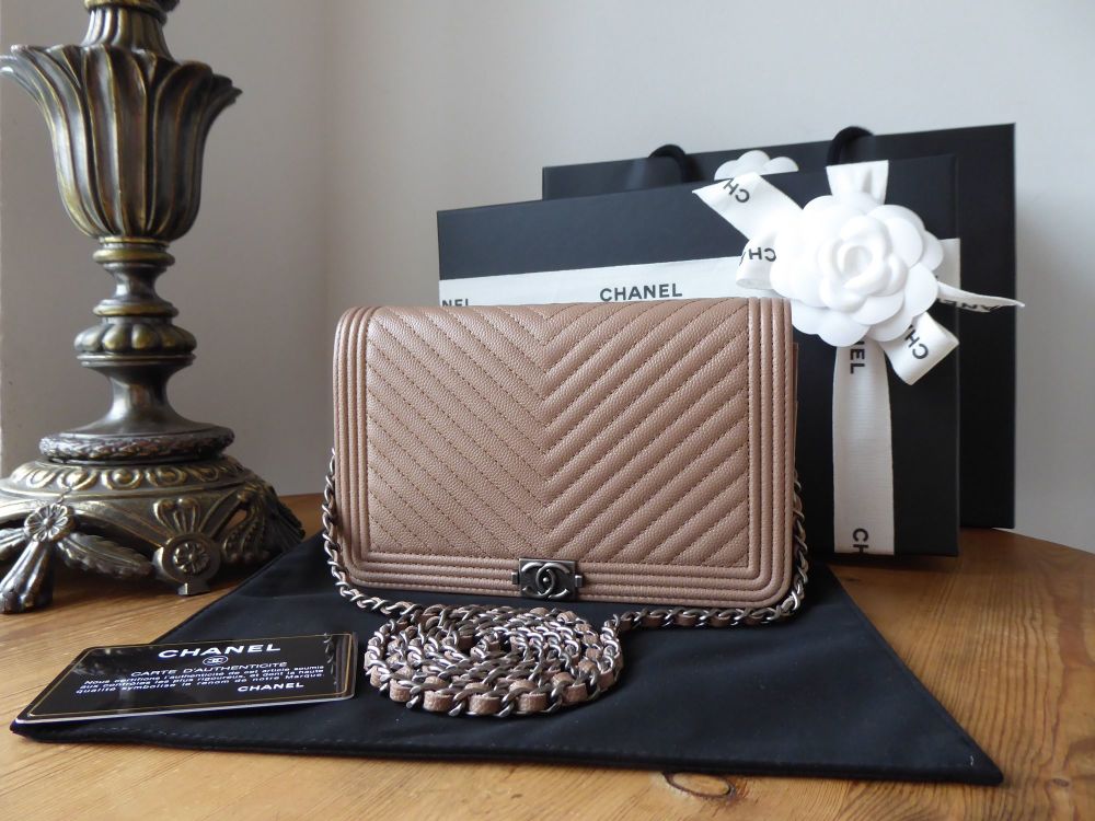 Chanel Boy Wallet on Chain WOC in Nude Chevron Quilted Caviar with  Ruthenium Hardware - SOLD