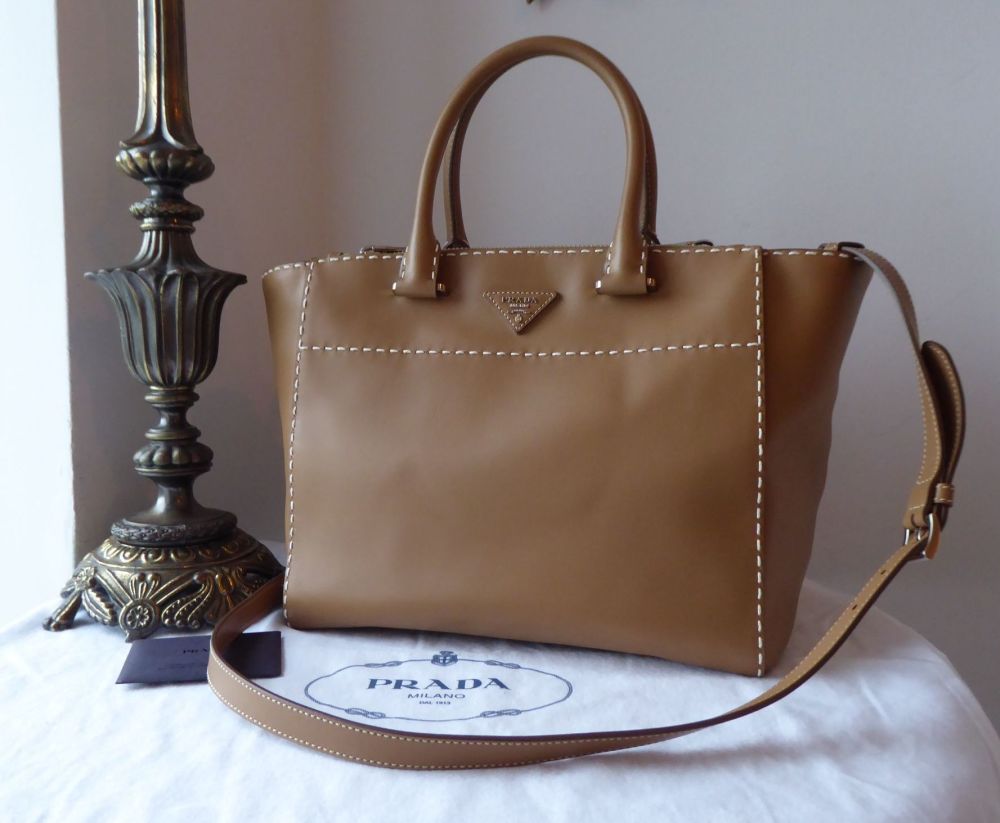 Prada City Calf Double Zip Executive Tote in Hand Stitched Caramel Calfskin  - SOLD