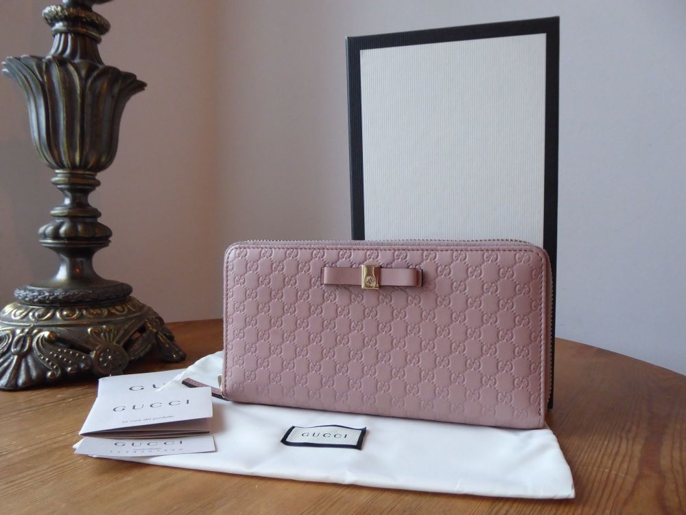 Gucci Bow Zip Around Continental Purse Wallet in Dusky Rose Pink Micro GG Guccissima Leather - SOLD