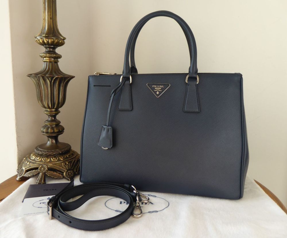 PRADA Galleria Double Zip Tote Shoulder Bag Handbag Blue Saffiano