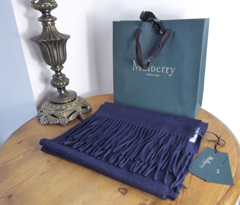 Mulberry Classic Fringed Winter Scarf in Navy 100% Cashmere - SOLD