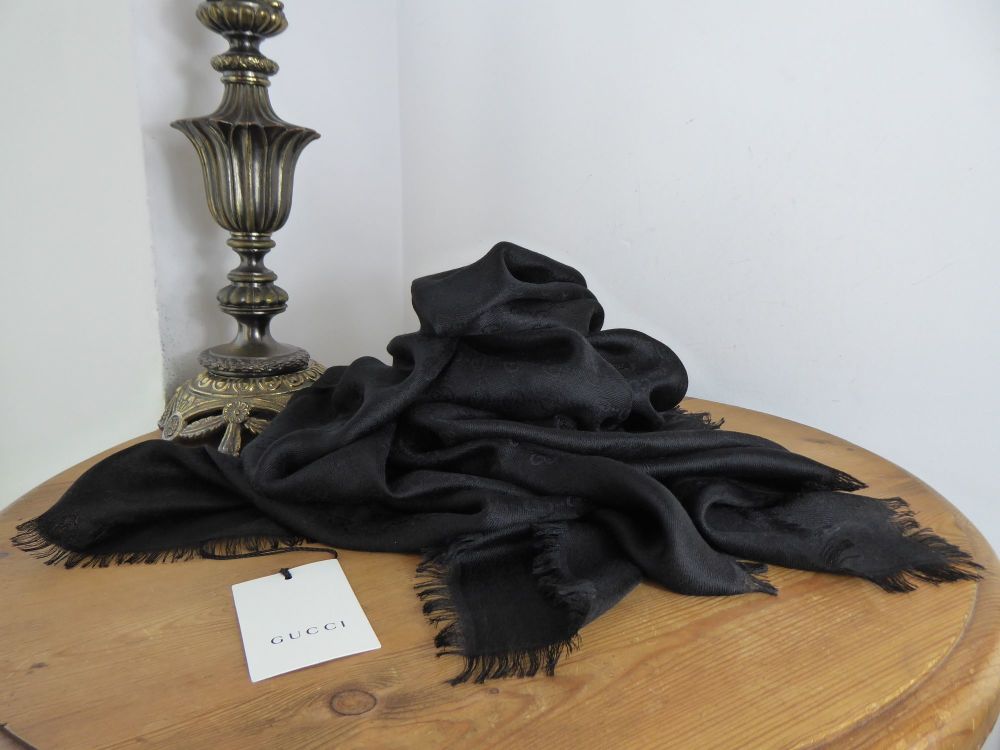 Gucci GG Jacquard Monogram Large Square Scarf Wrap in Black Silk Wool Mix - SOLD