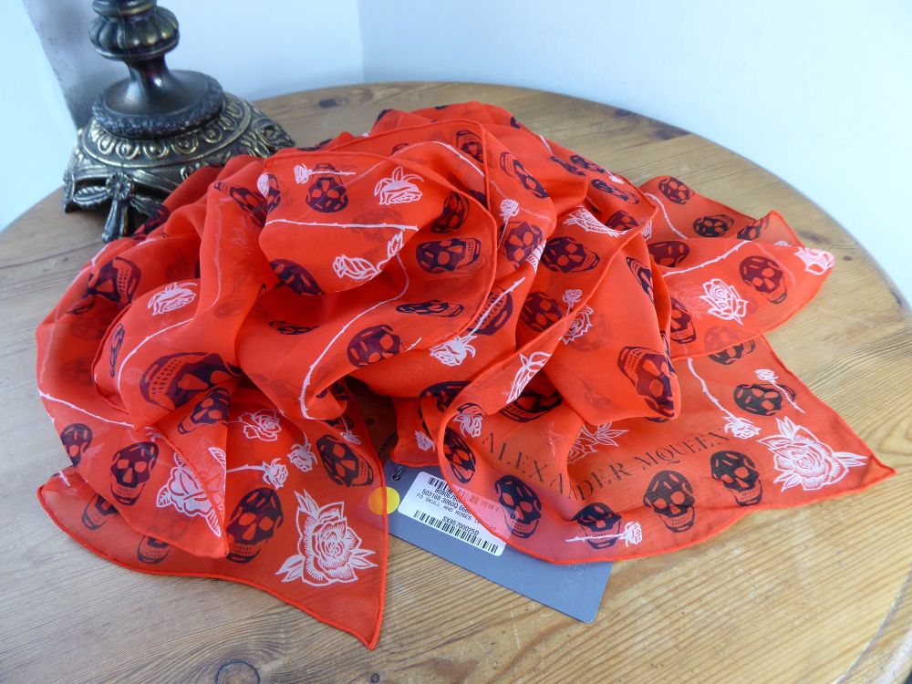 Alexander McQueen Skulls & Roses Scarf Wrap in Flame Red Silk Chiffon  - SOLD
