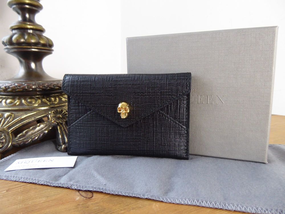 Alexander McQueen Crystal Skull Envelope Card Holder in Black Stamped Leather - SOLD