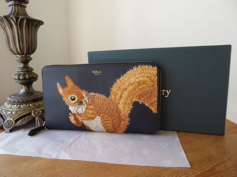 Mulberry Squirrel Embroidered Zip Around Clutch in Navy Smooth Calf Leather - SOLD