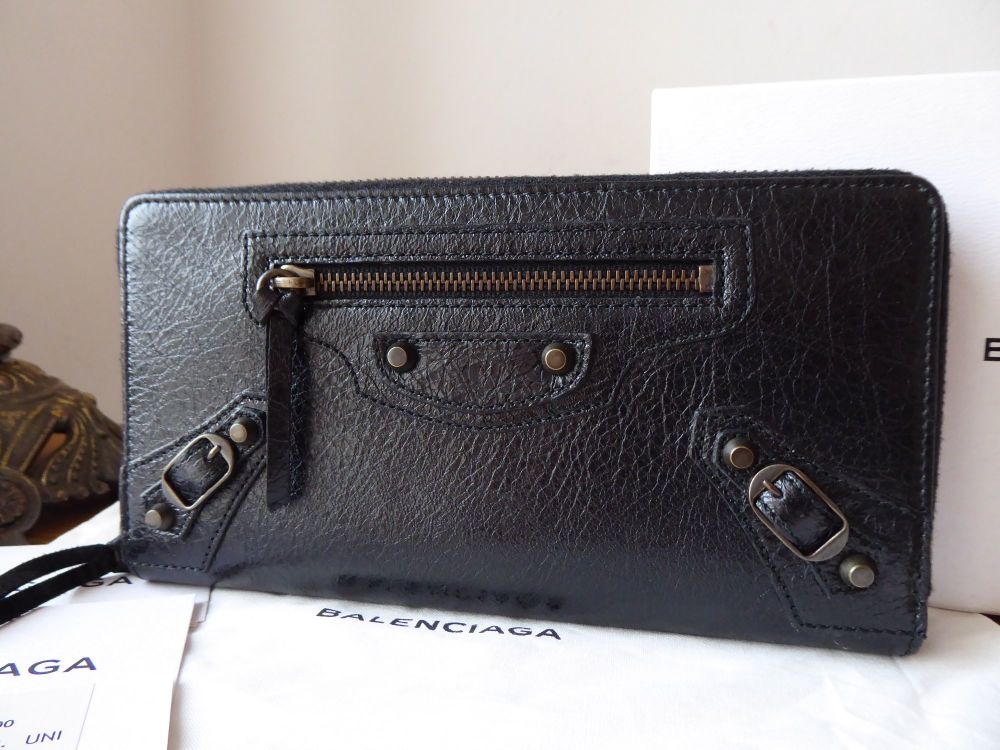 Balenciaga Classic Money Zip Around Purse Wallet in Black Agneau with Dark 