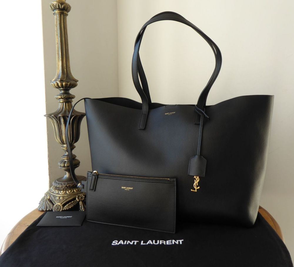 Saint Laurent YSL Sac Shopper Tote and Zip Pouch in Grainy Black Calfskin - SOLD