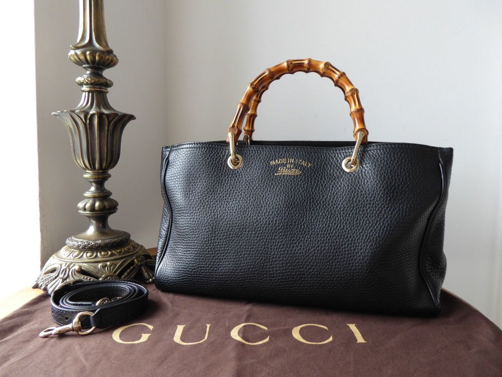 Gucci Bamboo Top Handle Medium Tote Shopper in Black Pebbled Calfskin ...