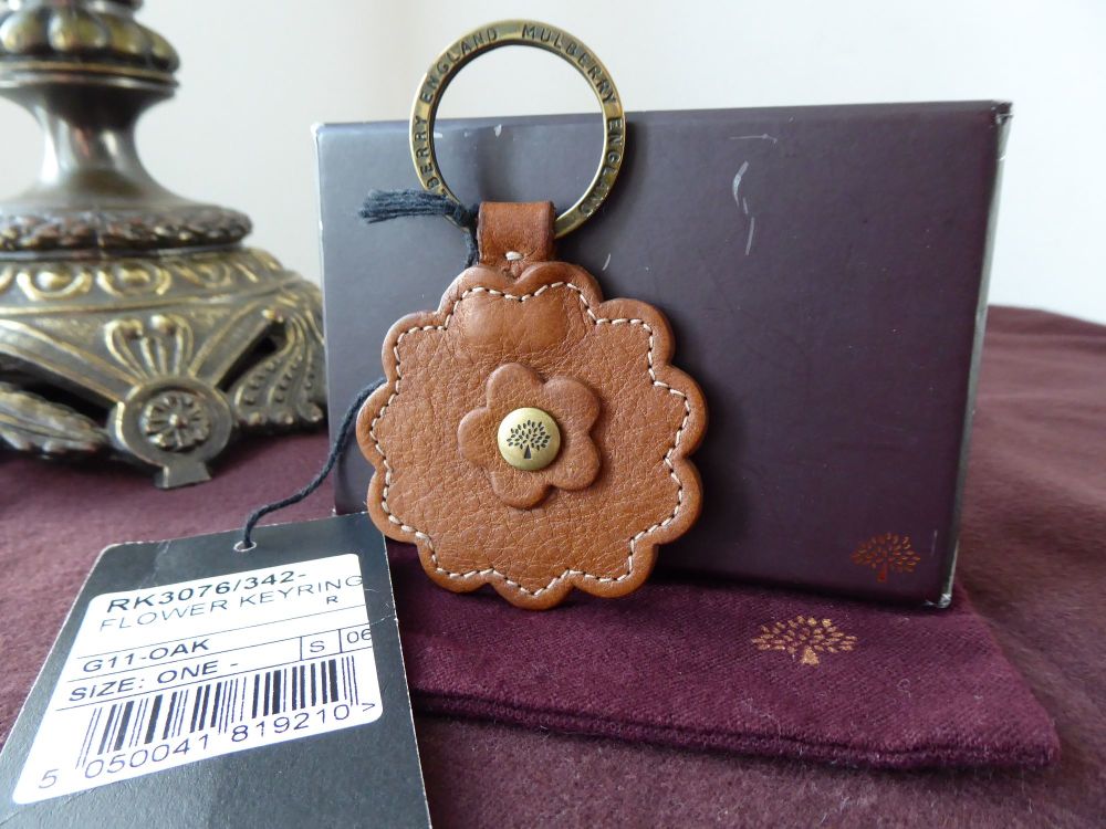 Mulberry Vintage Flower Keyring Bag Charm in Oak Darwin Leather with Antiqued Brass Hardware - SOLD
