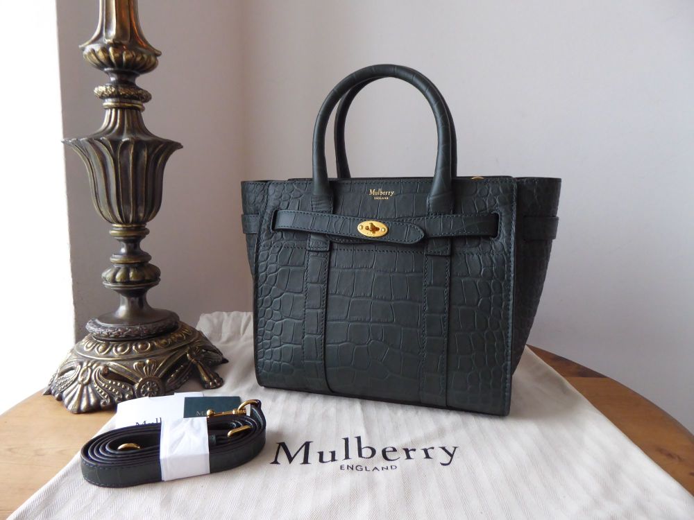 Mulberry Mini Zipped Bayswater in Mulberry Green Matte Croc Print Leather -