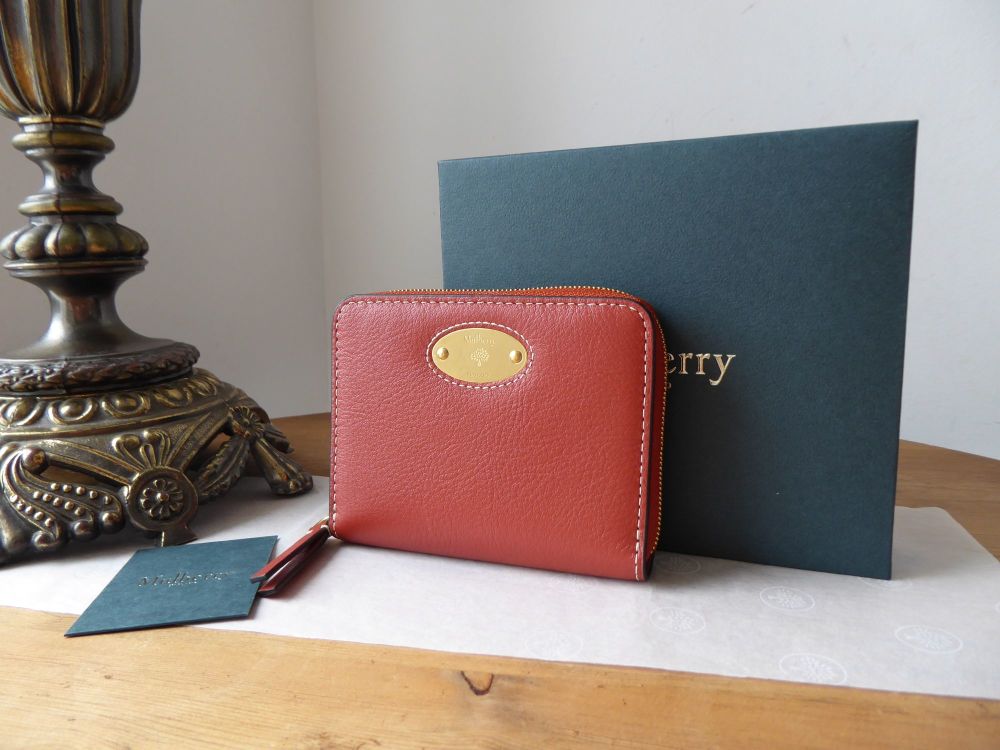 Mulberry Small Plaque Zip Around Purse Wallet in Rust Silky Calf  - New 