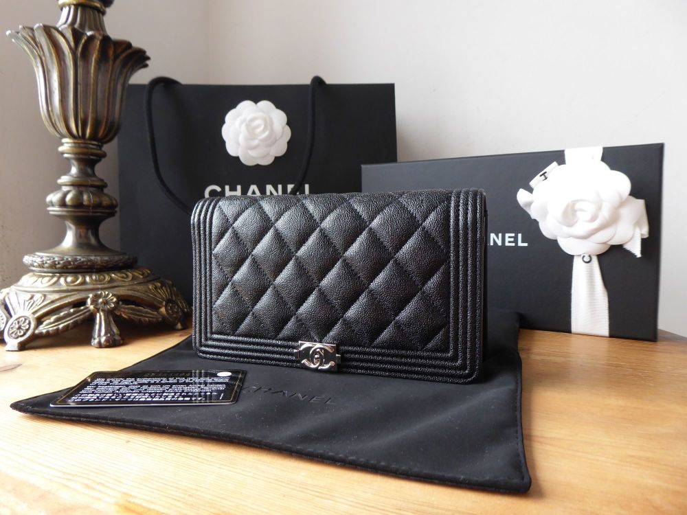 Chanel Boy Long Flap Yen Wallet In Black Grained Calfskin With Shiny Silver  Hardware SOLD