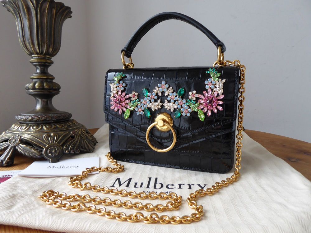 Mulberry Small Harlow Satchel in Black Shiny Croc with Flower Crystals - Ne