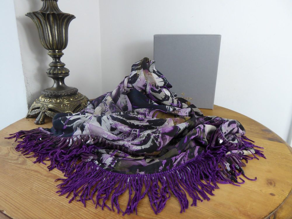 Mulberry Feathered Friends Triangular Silk Sequin Scarf Wrap in Eggplant Pu