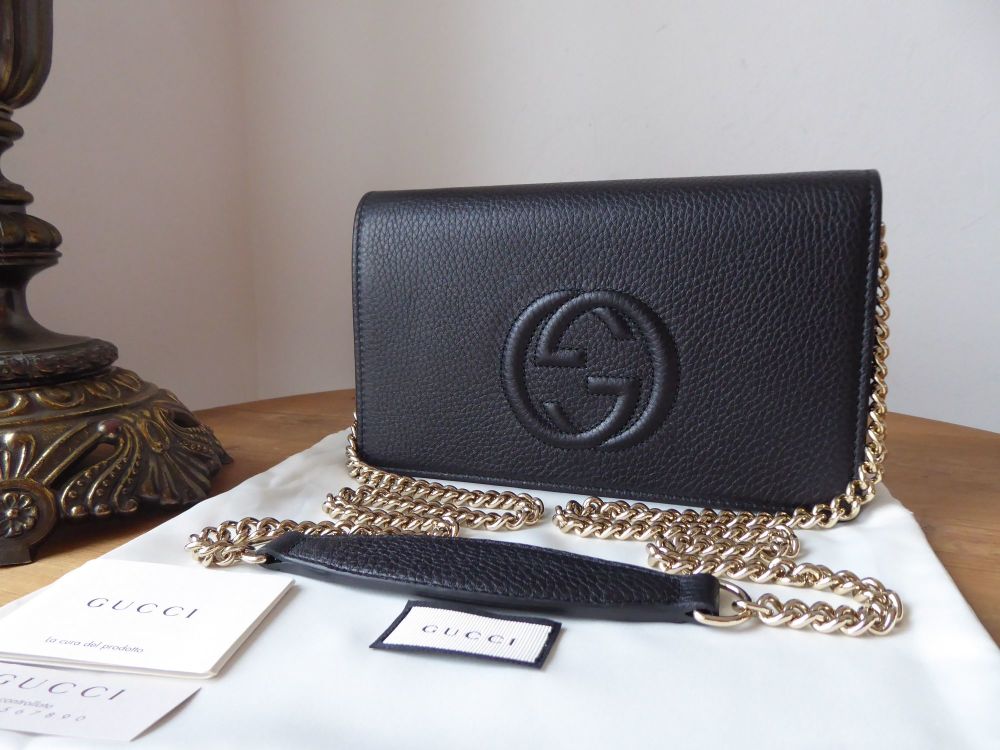 Gucci Soho Wallet on Chain Shoulder Bag in Black Pebbled Calfskin - As New