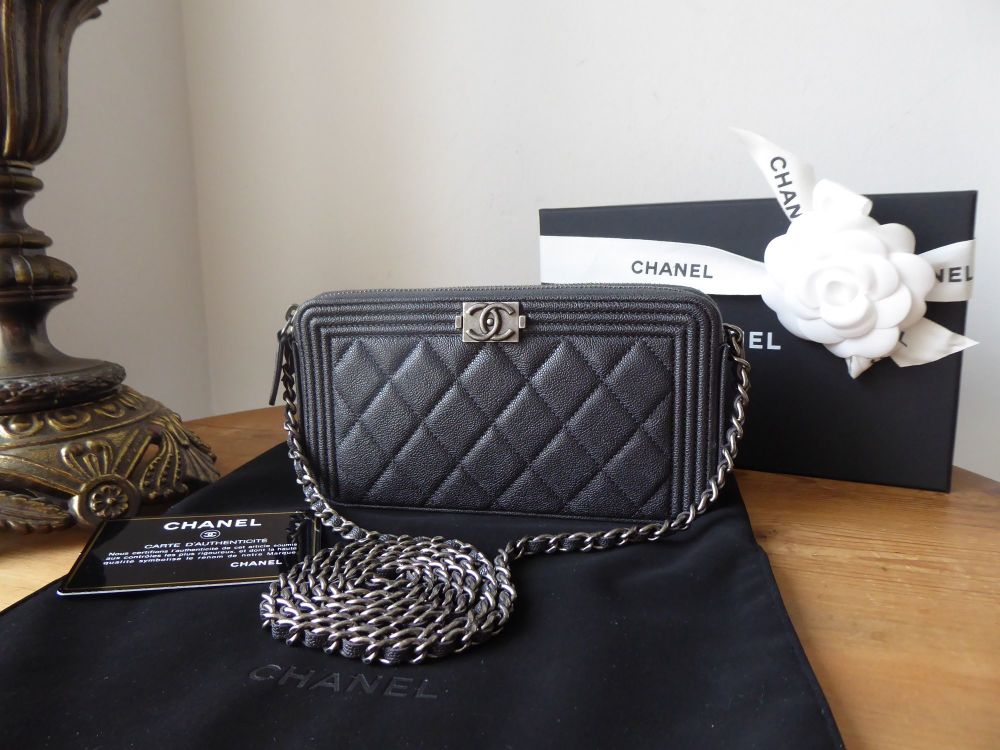 Chanel Boy Twin Zipped Pochette Clutch with Chain in Pewter Grey