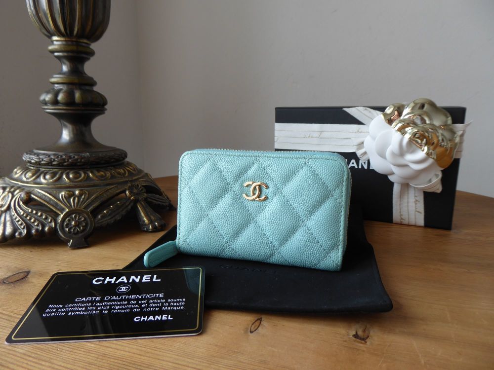 Chanel SLG 18K Round Coin Purse, Blue Caviar Leather, Light Gold