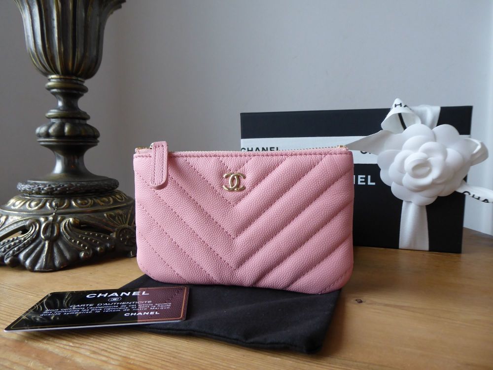 Chanel Small Zip Purse O Case in Baby Pink Chevron Quilted Caviar with  Champagne Gold Hardware - SOLD