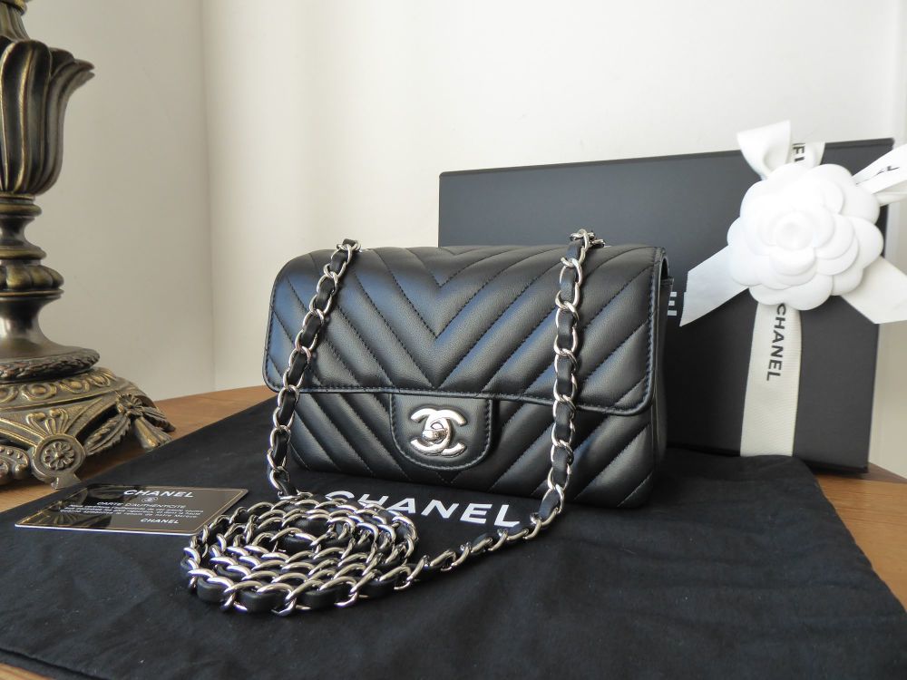 Chanel Chevron Quilted Rectangular Mini Flap Bag in Black Lambskin with Sil