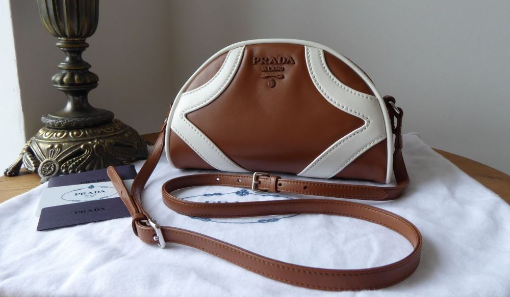 Prada Bowling Shoulder Bag in Cognac Bianco Soft Calf Leather New
