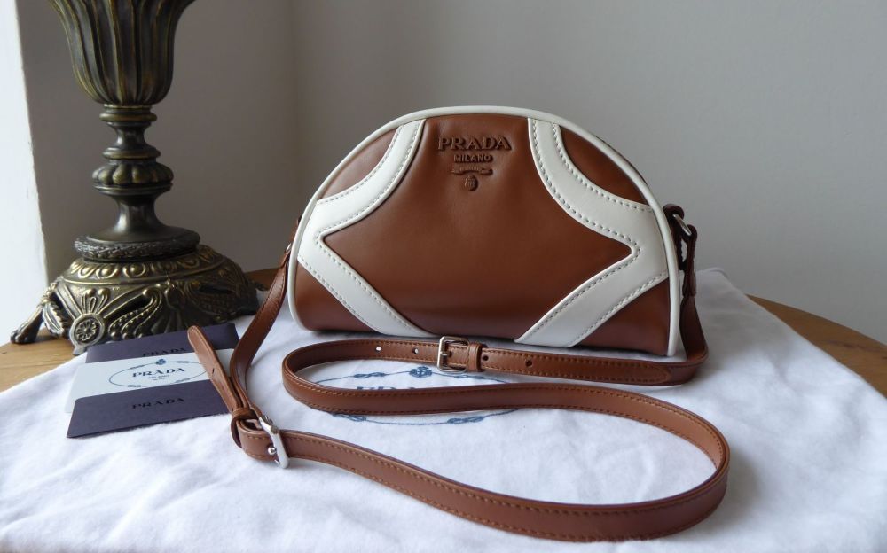 Prada Small Zip Top Bag in Cognac Bianco Soft Calf Leather - New*
