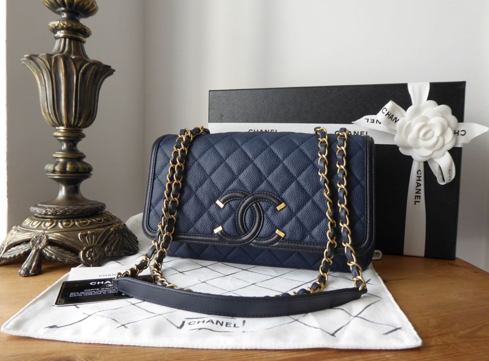 Chanel CC Filigree Medium Flap Bag in Navy Blue Caviar with Antiqued Gold  Hardware - SOLD