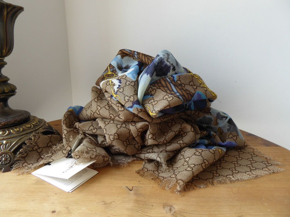GGucci GG Blue Pansies Floral Blooms Large Square Scarf Wrap in 100% Wool N