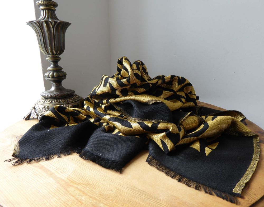 Gucci Black & Gold GG Fil Coupé Lamé Scarf Rectangular Wrap Stole in Wool Silk Mix - SOLD