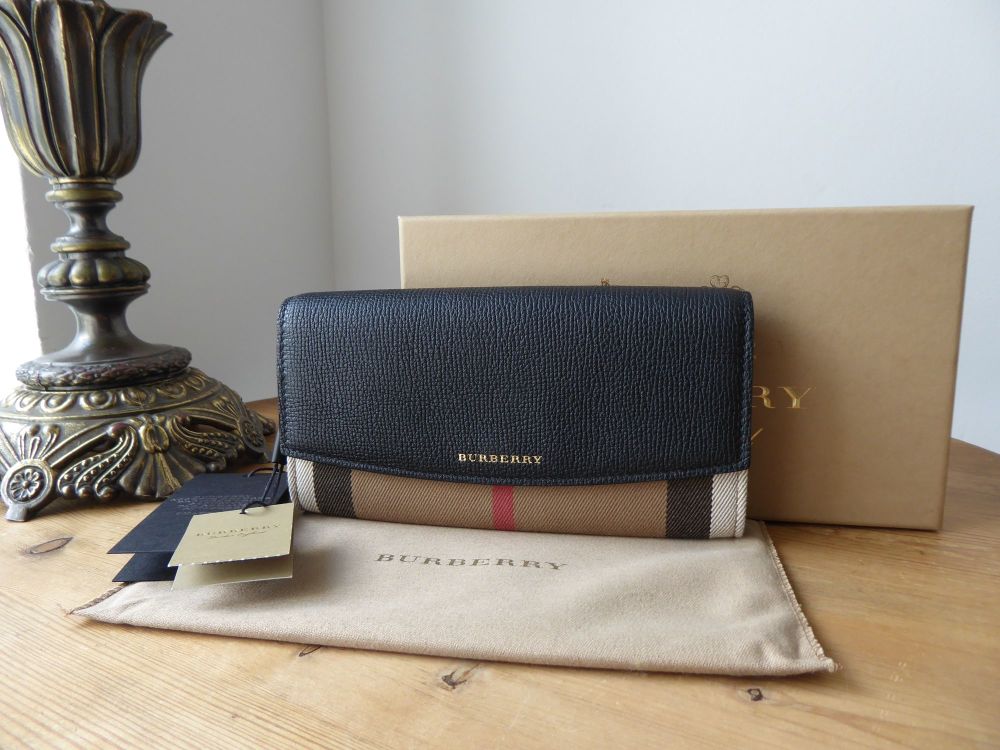 Burberry Porter Continental Flap Long Wallet Purse in House Check & Black  Calfskin - SOLD