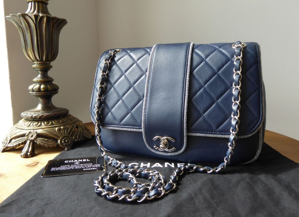Chanel CC Medium Flap Bag in Soft Navy Blue Calfskin with Sparkle Trim & Shiny Silver Hardware - SOLD