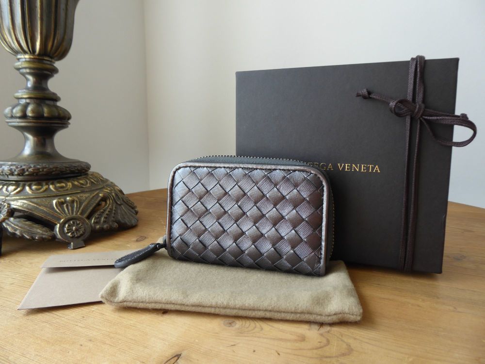 Bottega Veneta Small Zip Around Coin Card Purse Wallet in Metallic Pewter Silver Intrecciato - SOLD