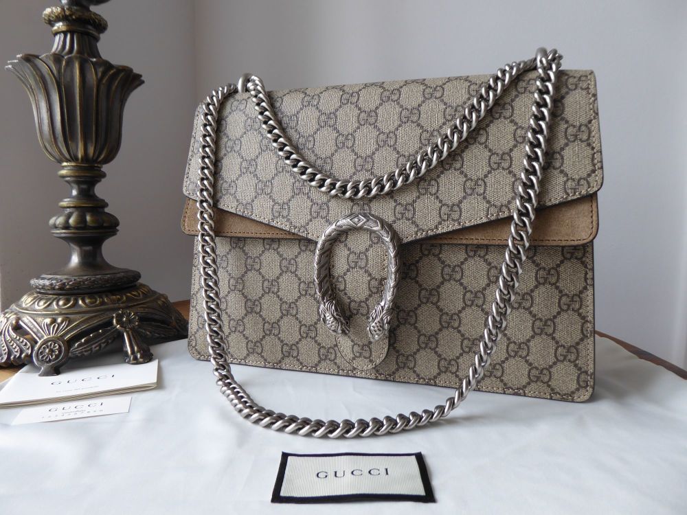 Gucci Dionysus Medium Flap Shoulder Bag in GG Ebony Beige Supreme and Taupe  Suede - SOLD